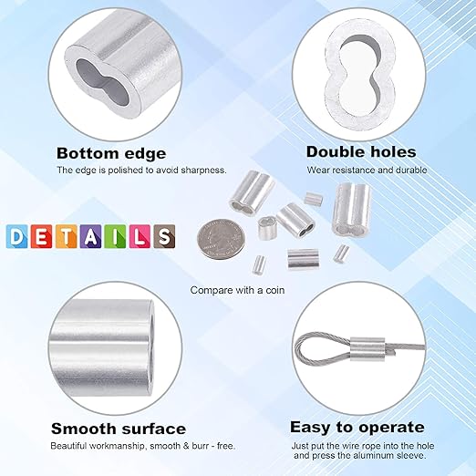 Glarks 200Pcs 3/64''(1.2mm) Aluminum Crimping Loop Sleeve Wire Rope Sleeves Double Barrel Ferrule for Wire Rope and Cable Line End (3/64''-200Pcs)