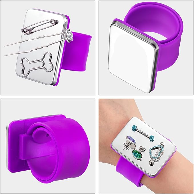 WILLBOND Magnetic Sewing Pincushion Wristband, 2 Pieces, with Flannelette Bag, Silicone Bracelet, Rose Red, Purple