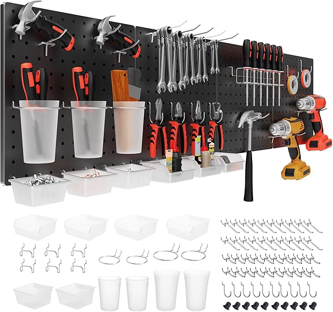 FZK Peg Board, 74PCS Metal Pegboard Wall Organizer Kit. Heavy Duty Pegboard, Peg Boards, Pegboard for Walls, Black Pegboard for Garage Craft Room Workbench Office Kitchen Tool Organization, 24 * 24