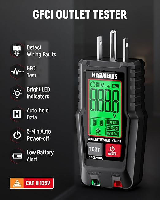 KAIWEETS Electrical Test Kit, Non-Contact Voltage Tester with Signal Percentage, GFCI Outlet Tester with LCD Display, Wiring Fault Checker, Outlet Tester Kit for Electrician, DIY