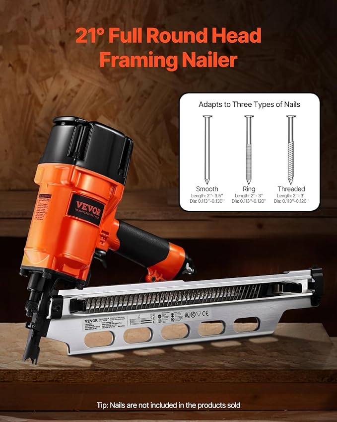 VEVOR Framing Nailer, 2" to 3-1/2" 21 Degree Full Round Head Pneumatic Framing Nailer with Dual Trigger Modes & Tool-Less Depth Adjustment, 80-120PSI Pro Air Nail Gun for Framing Flooring Decking