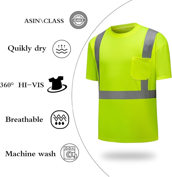 High Visibility Shirts Quick Dry Safety T Shirts with Reflective Strips and Pocket Short Sleeve Mesh Hi Vis Construction Work Class 2 Shirt for Men/Women Lime,4XL