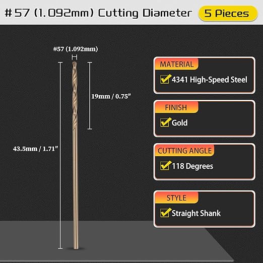 Drill Bit, #57 Cutting Diameter, 4341 HSS Gold Finish 118° Cutting Angle Number Jobber Bits - (Applications: for Drilling Soft Metal Plastic Wood), 5-Pieces