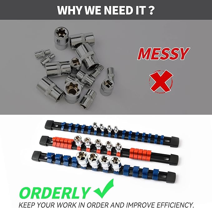 Socket Organizer Drive ABS Tools-Socket Holder, Premium Quality 18 Pieces Socket Holders Kit 1/4-Inch x 96 Clips, 3/8-Inch x 90 Clips, 1/2-Inch x 72 Clips