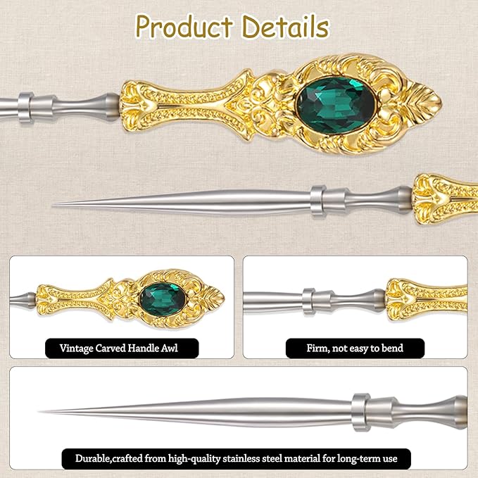 2Pcs Metal Embroidery Awl Set, European Vintage Carved Handle Scratch Awl, Sharp Sewing Awl Tool for Sewing with Storage Cases, Durable and Leather Punch Stitching DIY Craft(Gold)