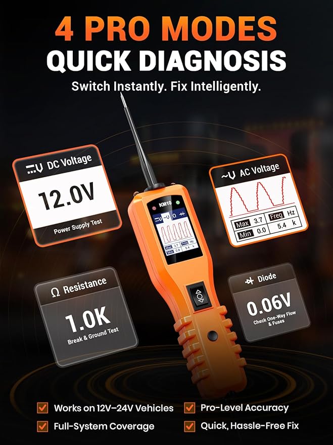 KZYEE KM10 Power Circuit Probe Kit, 12V 24V Automotive Circuit Tester, Digital Multimeter, Short Finder, AC/DC Voltage Tester, Diode & Resistance, Current Probe Component Activation, 20FT+20FT Cable
