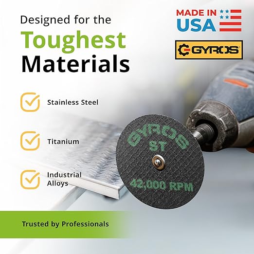 GYROS 1.75” Mini Resin Cut-Off Wheels for Rotary Tools, 12 Double Fiberglass Reinforced Cutting Discs, ST Materials Like Titanium, Carbon; Dremel Cutting Tool Accessory. Made in USA 11-41702/12