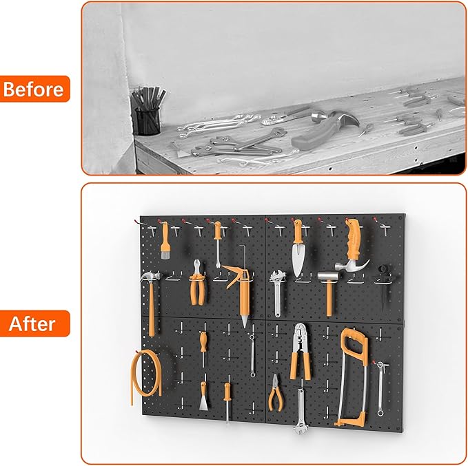 TORACK 4Pcs 12"x16" Metal Pegboard Panels for Garage, Workbench, Shop, Shed Tool Organizer Peg Board with 1/8" & 1/4" Holes, Modular Wall-Mounted Pegboard for Pegboard Hooks (Black)
