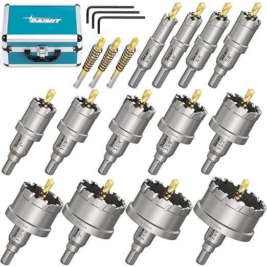 DAIMIT 19Pcs TCT Hole Saw Kit, 9/16"-2-3/8" Heavy-Duty Tungsten Carbide Hole Saws Kit for Metal, Stainless Steel, Iron, Wood, Plastic, with 3*Detachable Pilot Drill Bits and 3*L-Wrench