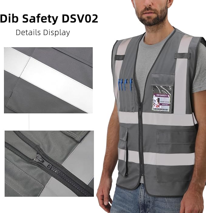 Dib Safety Reflective Vest High Visibility with Pockets and Zipper, Gray XL
