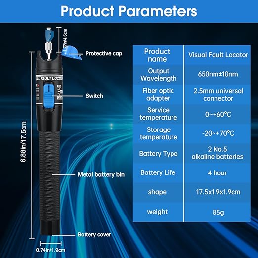 Moocci Visual Fault Locator - VFL Fiber Optic Cable Tester Meter Kit with FC Male to LC Female Adapter - Fiber Optic Tools Tester Detector for LC/FC/SC/ST, Network Cable Test