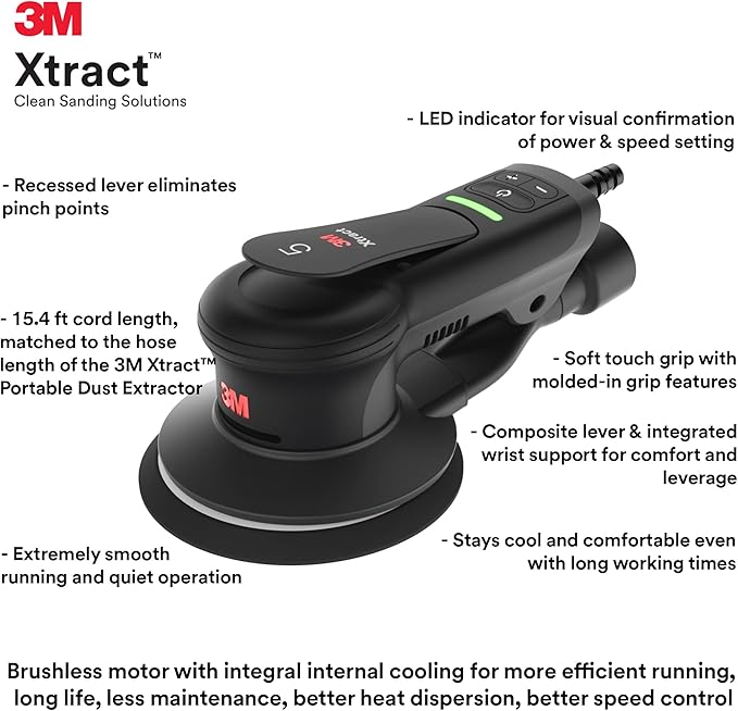 3M Xtract Electric Random Orbital Sander, Ergonomic and Lightweight ROS, 88762, 5 in, Central Vacuum, 3/32 in Orbit, 110V, 350W Motor, Metal Fabrication, Woodworking,Black