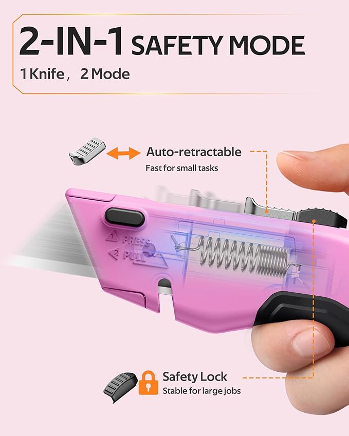 Box Cutter Utility Knife, 2-in-1 Safety Retractable Box Cutter for Women, Quick Change Razor Knife for Home, Office & DIY, Blade Storage Design, with Extra Sharp Razor & Hook Blades (Pink)