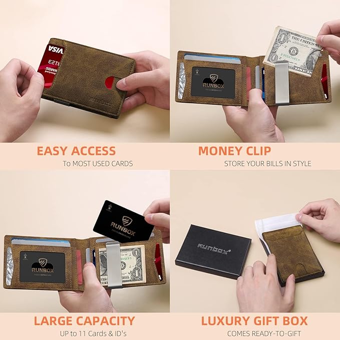 RUNBOX Slim Wallets for Men - Leather Money Clip Mens Wallet - RFID Blocking Front Pocket Bifold Wallet - Minimalist Credit Card Holder with Gift Box