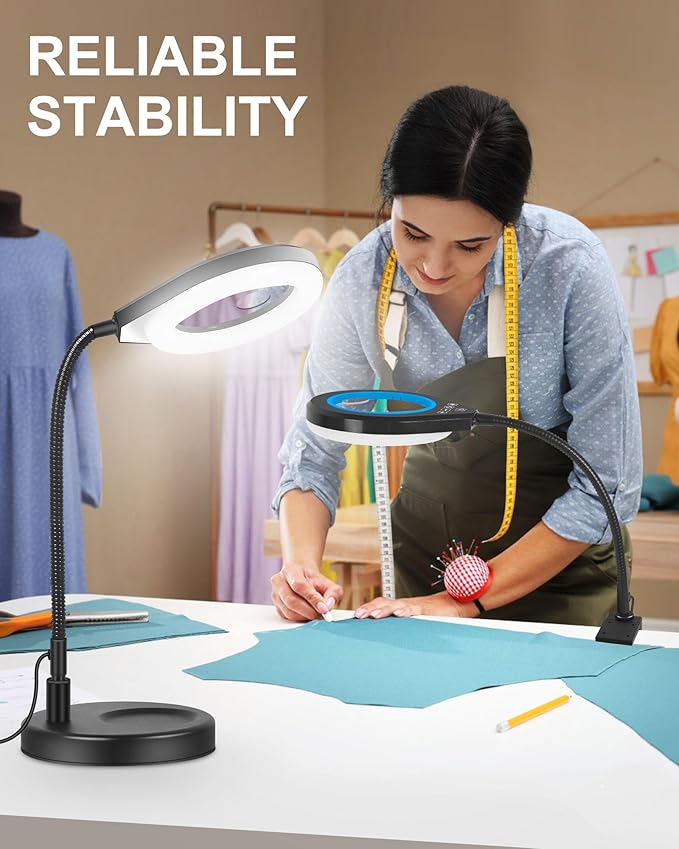Flexible Gooseneck 2-in-1 Magnifying Glass with Light and Stand,10x & 5x Real Glass Lens Magnifying Lamp, 5 Color Stepless Hands-Free LED Desk Lamp with Clamp for Painting, Crafts, Reading (Blue)