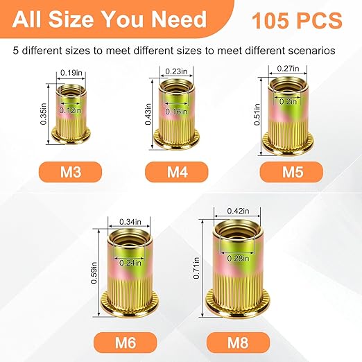Metric Rivet Nut Assortment Kit, 105Pcs Carbon Steel SAE Rivet Nut, M3 M4 M5 M6 M8 UNC Flat Head Rivnut Set, Threaded Insertion Nut Sets for Automotive, Mechanical and Other Equipment