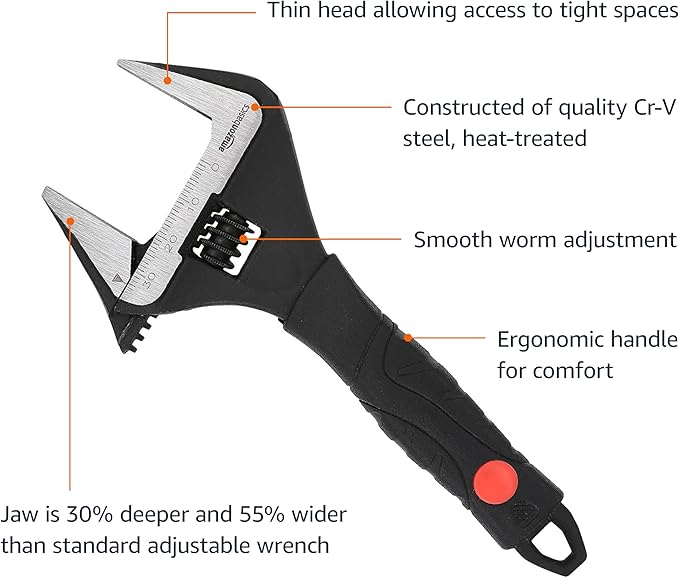 Amazon Basics Plumbing Adjustable Wrench with Soft Grip, Wide Mouth, 6.34 x 2.83 x 0.59 inches (LxWxH)