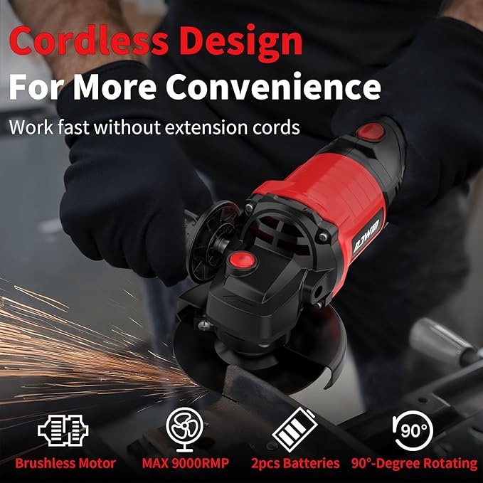 NAWIN 4 inch Cordless Angle Grinder Kit, Variable Speed Grinder, 2×4.0Ah Li-Ion Battery&Fast Charger,9000RPM Brushless Motor, battery angle grinder tool,angle grinder cordless
