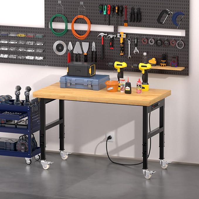 48" Work Bench, Adjustable Height Work Table with Power Outlets and Wheels, 2000 Lbs Capacity Heavy-Duty Hardwood Top Workstation for Garage, Workshop, Office, Home