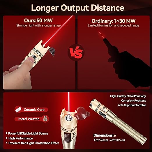 VFLVisual Fault Locator Kit 50mw,Fiber Optic Cable Tester Tool Kit,Fiber Red Light Pen Tester with 2.5mm Universal Connector 2pcs FC-LC Adapter & 1pc LC, SC, FC Coupler & 3 1.5m Patch Cords