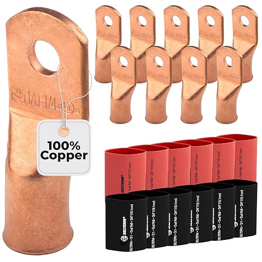 SELTERM 10pcs - 1/0 Awg - 1/4" Stud - Battery Lugs - Ring Terminal Connectors | with 12pcs 3:1 Black & Red Heat Shrink Tubing with Adhesive | Heavy Duty Battery Cable Ends - Bare Copper Wire Lugs Kit
