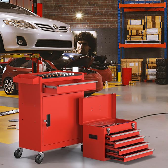 5-Drawer High Capacity Rolling Tool Chest, Removable Toolbox on Wheels Organizers, Lockable Tool Box Tool Storage Cabine with Drawers and Wheels for Workshop and Warehouse (Red)