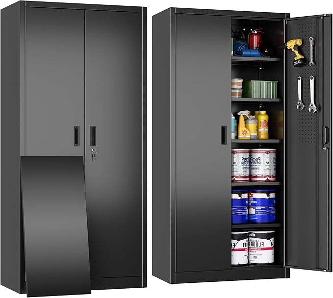 Aobabo 71" H×34" W×18" D Metal Storage Cabinet with Pegboards, Locking Steel Storage Cabinet with 5 Adjustable Shelves and 4 Hooks for Garage, Office, Black, Assembly Required