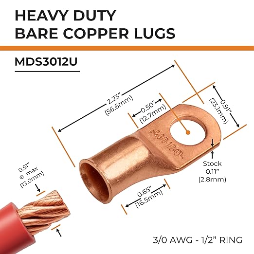 SELTERM 25pcs 3/0 AWG 1/2" Stud Battery Lugs, Ring Terminals, Heavy Duty Copper Wire Lugs, Battery Cable Ends, 000 Gauge Ring Terminal Connectors, UL Bare Copper Eyelets Electrical Battery Cable Lugs