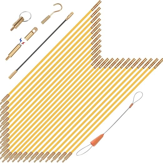 32.2FT Fiberglass Running Electrical Wire Cable Glow Rods Wire Pulling, Fish Rods Electrical Kit with 6 Different Attachments and Fish Tape Wire Puller Kit (Yellow)
