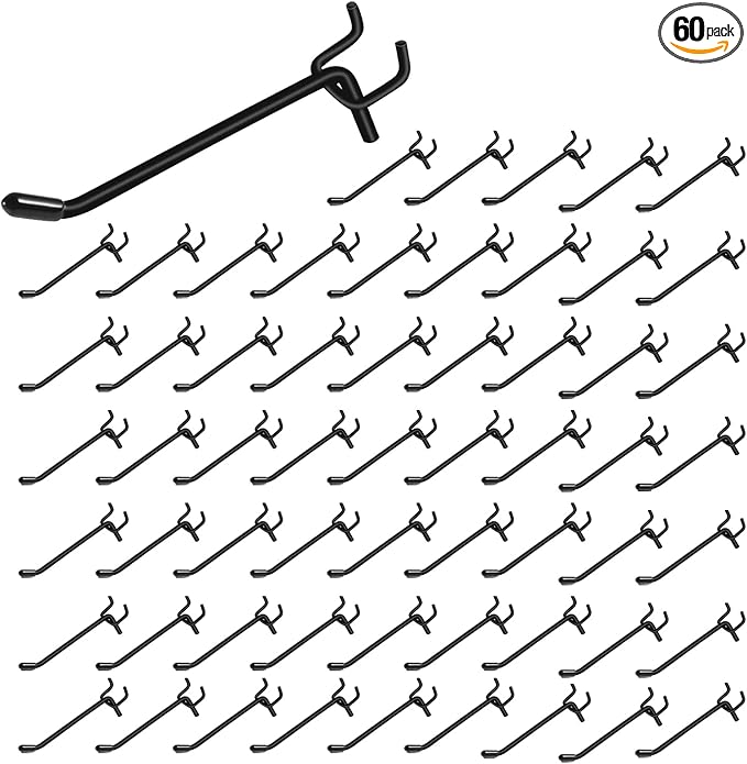 Dualshine 60PCS Black Pegboard Hooks 4 Inch, Peg Board Shelving Hook Metal Pegboard Display Hook Peg Wall Hook for 1/4’’ Spaced Pegboard, 0.2” Diameter Peg Board Peg for Garage Storage Organizer