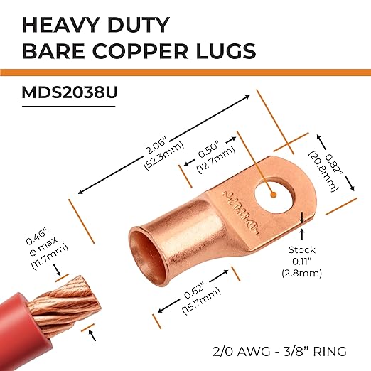 SELTERM 15pcs 2/0 AWG 3/8" Stud - UL Heavy Duty Battery Terminal Connectors, Bare Copper Battery Cable Lugs, 00 Gauge Wire Connectors, Electrical Battery Cable Ends, Ring Terminals Copper Lugs