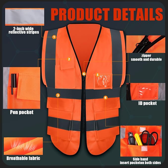 15 Pack Reflective Safety Vests with Pockets and Zipper High Visibility Vest Construction Work Vest for Men Women(Orange Red, Medium)