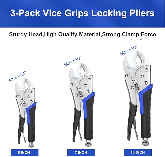 Vice Grips, 6-Pack Vise Grips 5"/7"/10" Curved Jaw Locking Pliers, 6-1/2" & 9-1/2" Needle Nose Pliers Set and 6" C-Clamp for Welding, Woodworking, Metal Working