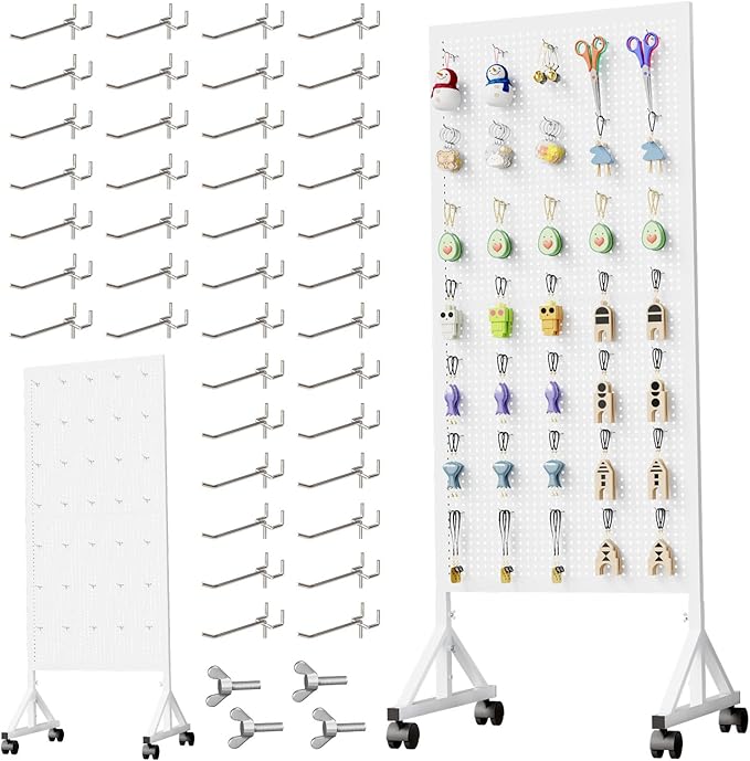 Metal Pegboard Display Stand 2 x 4.9 Feet, Adjustable Height with 40 Peg Board Hooks and Wheels, pegboard display rack, Craft Display Rack, Retail Display Rack, Garage Peg Board, Pegboard