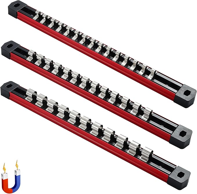 ALOANES 3-Piece Magnetic Socket Organizer, Heavy Duty Aluminum Socket Rails Organizer, Socket Rail Holder for Tool Box, 1/2, 3/8, 1/4-Inch Socket Holder x 39 Stainless Clips (Red)