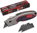 HAUTMEC Heavy-Duty Utility Knife, Safety Box Cutter with Auto-Retracting & 3-Position Locking Dual-System, Built-In Wire Stripper, Blade Storage and 3 Ultra-sharp SK4 Blades – HT0311
