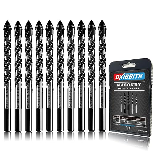 10-Piece 5/16“ Masonry Drill Bits for Tile Glass Ceramic Wall Brick Stone Soft-Metal Wood, 5/16 Inch Concrete Drill Bits Cement Drill Bit Set, 3-Flat Shank, YG8 Carbide Tungsten Steel Alloy Tip 8mm
