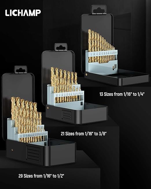 Lichamp 13-Piece HSS Drill Bit Set, Titanium Coating High-Speed Steel Drill Bits from 1/16" to 1/4" for Metal, Steel, Cast Iron and Plastic - Comes with Indexed Storage Case