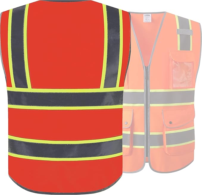 JKSafety 9 Pockets High Visibility Zipper Front Safety Vest | Orange with Dual Tone High Reflective Strips | Meets ANSI/ISEA Standards (901-Orange, Medium)
