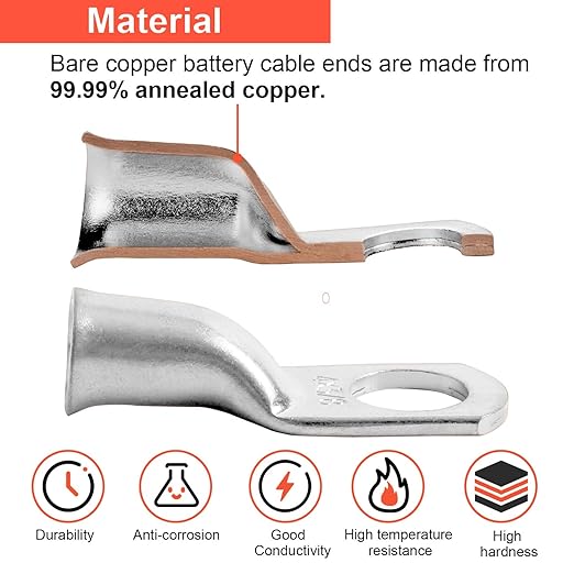 Heavy Duty Tinned Battery Ring Terminals - 6 AWG 3/8" Stud (25 pcs.), Copper Wire Lugs, Bare Copper Eyelets, Tubular Ring Terminal Connectors