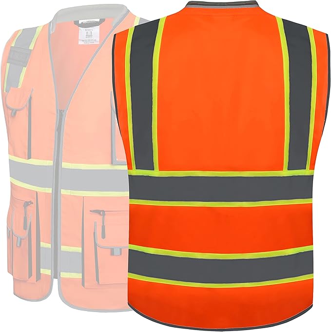 JKSafety 10 Pockets Class 2 Hi-Vis Zipper Front Safety Vest | Cushioned Collar | High Reflective Tapes with Extended Neon Yellow Strips | Meets ANSI/ISEA Standards (3X-Large, 89-Orange)