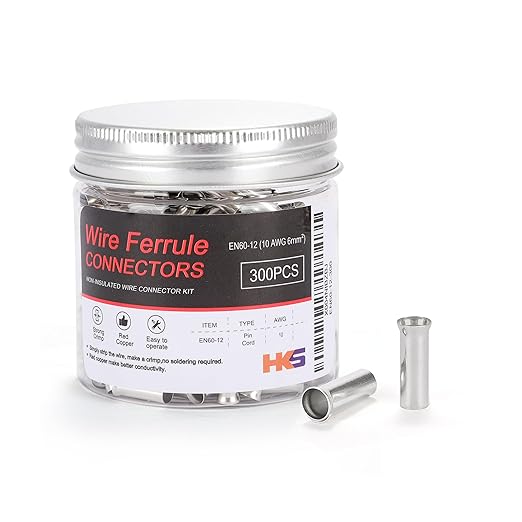 HKS 300PCS Non-Insulated Wire Ferrules- AWG10-6.0mm² Copper Barrel Pin Cord Terminals for Wiring Electrical Crimp EN6012-300
