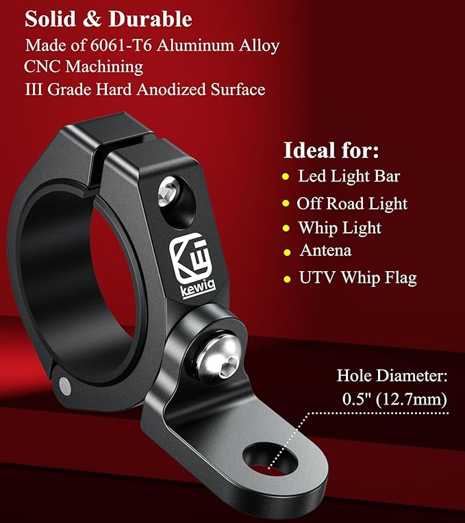 BRCOVAN 2PCS UTV Whip Light Mount, Solid Aluminum Alloy Whip Flag Mounts, Off-Road LED Light Bar Mounting Bracket, 360° Adjustable Roll Bar Clamp Holder Fit 1.5''/1.65'' /1.75''/1.85''/2'' Roll Cage