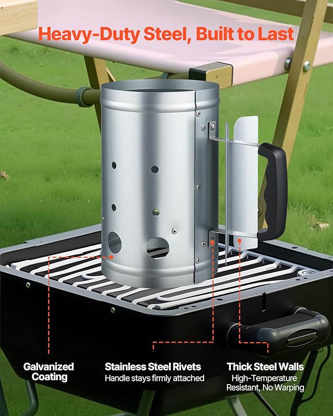 VEVOR Charcoal Chimney Starter, 4 lbs Large Capacity Coal Fireplace, Heavy Duty BBQ Steel Chimney Starter for Charcoal Grill and Barbecues, Compact On-The-Go Carbon Lighter and BBQ Grill Tool, Silver