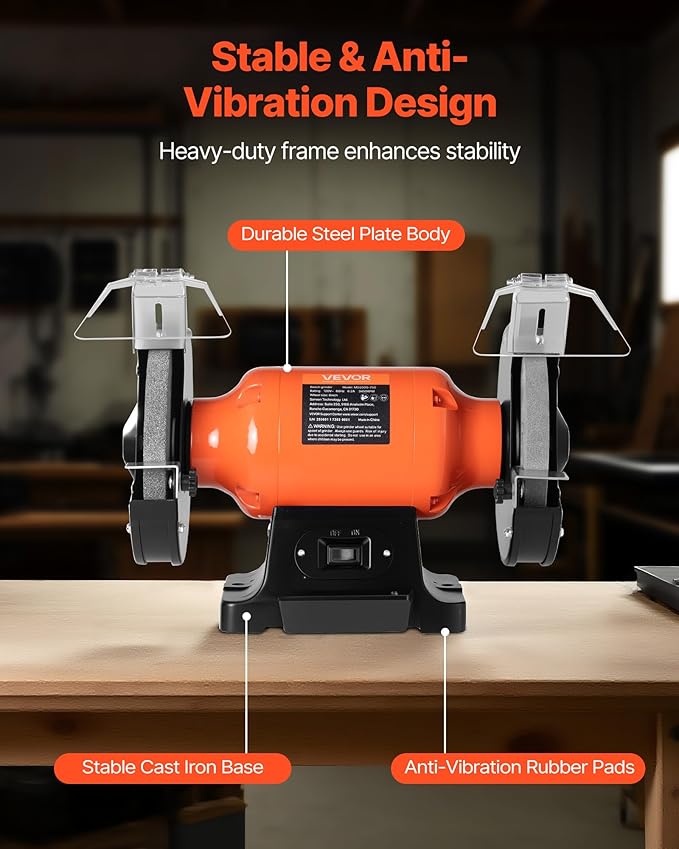 VEVOR Bench Grinder, 8-inch Single Speed Bench Grinder, 3450RPM High-Speed Table Grinders with 750W 6.2A Induction Motor, 36/60-Grit Grinding Wheel & Adjustable Eye Shield for Fast Sharpening Grinding