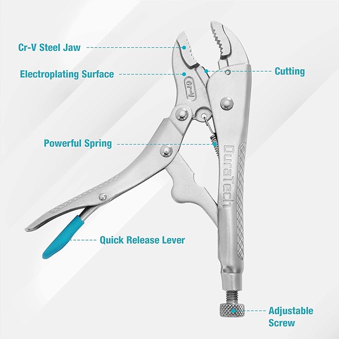 DURATECH 7-Inch Locking Pliers, Premium Cr-V Construction, Curved Jaw Locking Pliers with Wire Cutter, Fit for Clamping Twisting Welding
