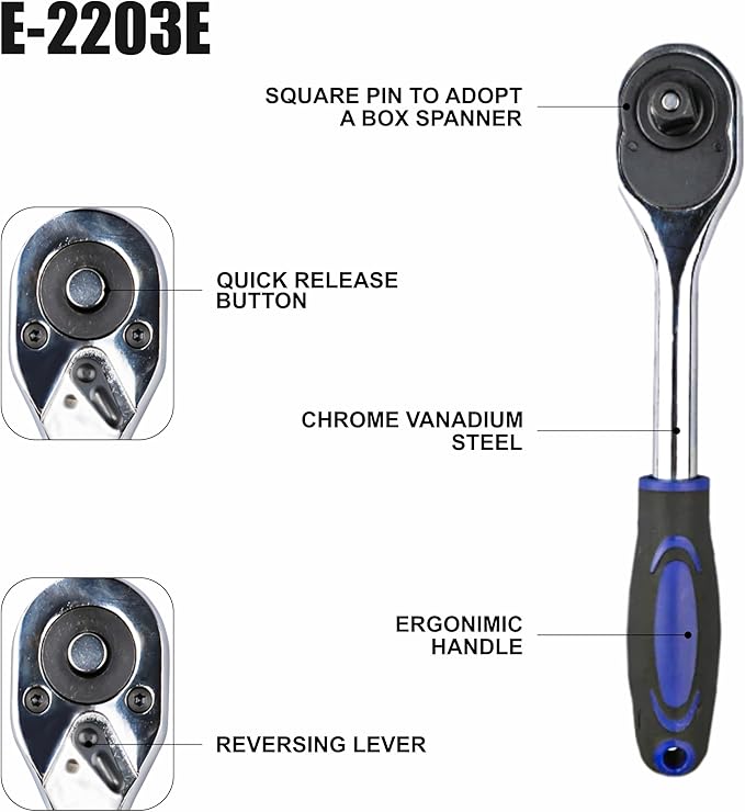 Socket Wrench, 3/8 Drive Ratchet Socket Wrench Dual Drive Ratchet Handles Wrenches with Soft Grip Locking Handle E-2203E