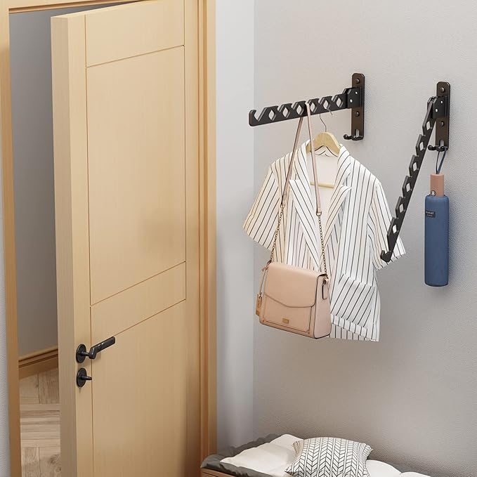 Wall Mounted Clothes Drying Rack, Wall Clothes Hanger Hook for Laundry Room, Clothes Hanger Foldable, Wall Clothes Rack Indoor, Perfect for Small Spaces, Matte Black 2 Packs