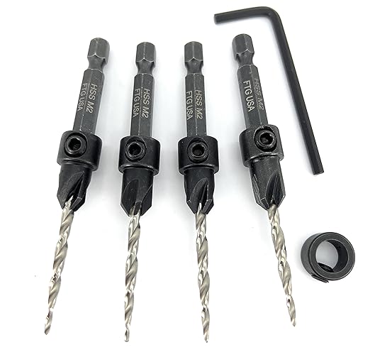 FTG USA Adjustable Wood Countersink Drill Bit Set 4 Pc #6 (9/64") with Tapered Drill Bit for Woodworking