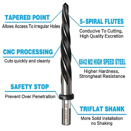 3/8” Bridge Construction Reamer Drill Bit, M2 HSS Taper Chucking Reamer for Steel Alloy Metal Wood Plastic, 3/8" Non-Slip Shank, 5-Spiral Flutes Car Reamer, to Align or Enlarge Holes, 10mm